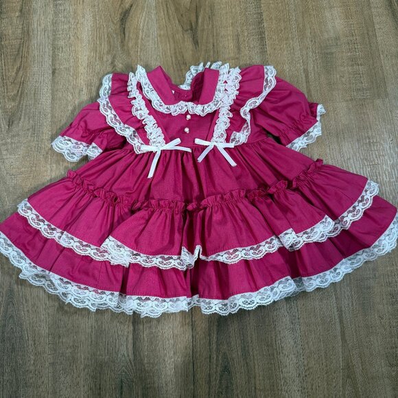 Vintage Red White Lace Baby Girl Dress Victorian 6-9M - Picture 1 of 5